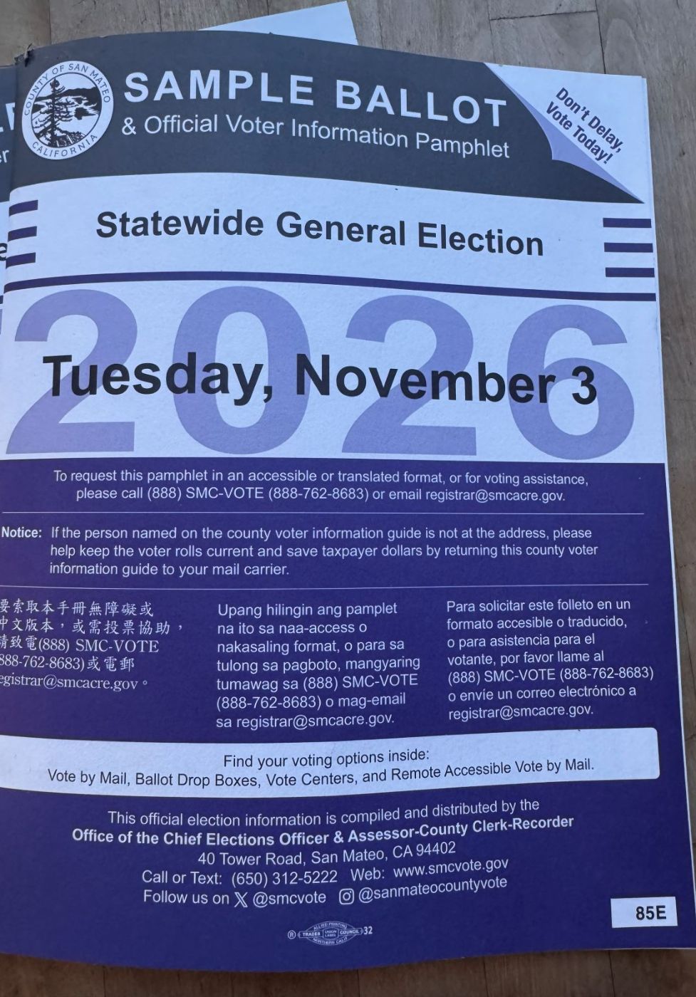 Cover of the San Mateo County Sample Ballot and Official Voter Information Pamphlet, November 3, 2026
